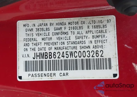 1998 Honda Prelude z USA, uszkodzony, nr VIN JHMBB6245WC003262